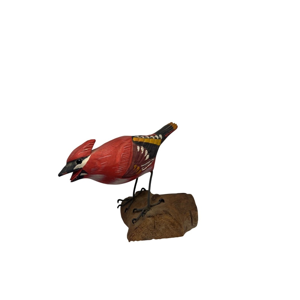 Hand Carved Painted Red Bird Figurine Nautical Coastal Decor